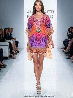 Vibrant Orange-Purple Beaded V-Neck Tunic Top